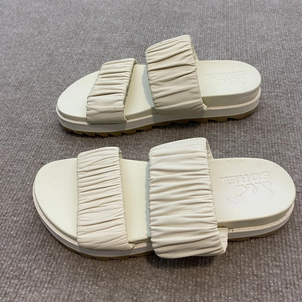 Sorel Sandals Womens Size 6.5 White Leather Slide Ruched Strap Cushioned Comfort - Picture 3 of 6
